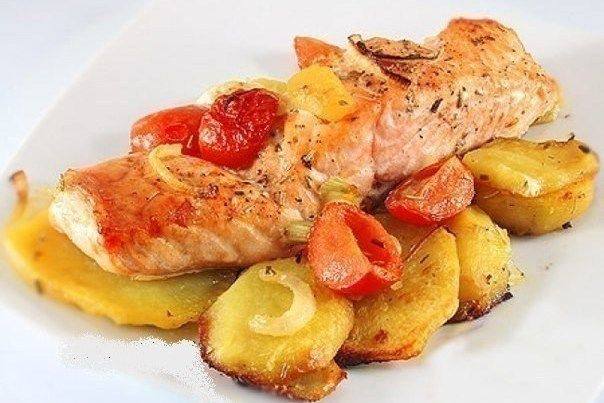 Рецепт Лосось с картофелем, запеченный в духовке Готовим Рыба Лосось с картофелем, запеченный в духовке