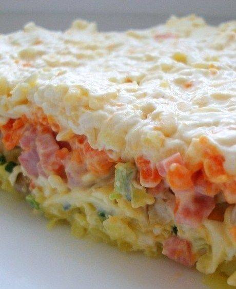 Рецепт Слоеный салат с грибами, ветчиной и плавленым сыром Готовим Салаты Слоеный салат с грибами, ветчиной и плавленым сыром